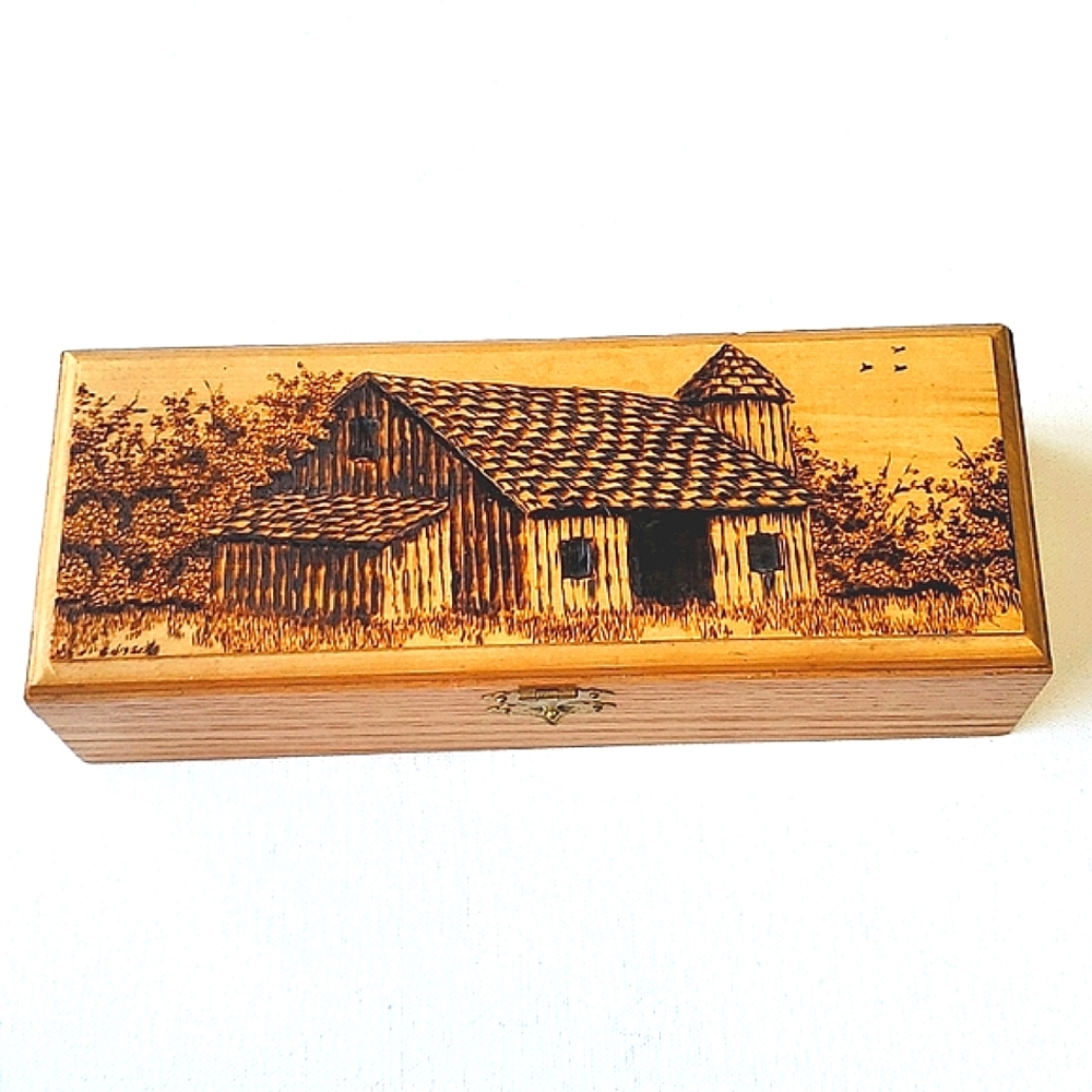 Country Barn Pyrographic Design Hinged Wood Jewelry Box Felt Inside